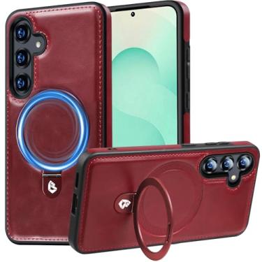 Imagem de Hovisi Capa World First para Galaxy S25 Plus com MagicStand, [Suporte Invisível] Capa protetora fina de couro PU e borracha à prova de choque com anel magnético para Samsung Galaxy S25 Plus Vermelho