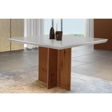Imagem de Mesa De Sala Jantar Tampo Madeirado Vidro Reto 90x90cm Off White-imbuia Ripado