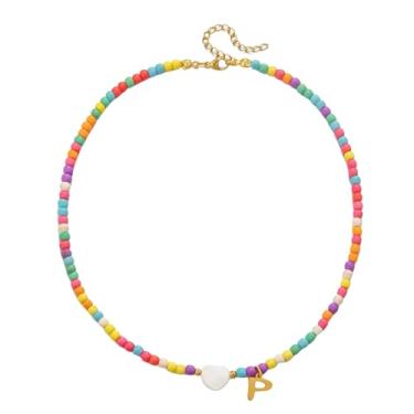 Imagem de Gargantilha feminina com contas de ouro 18 quilates - pingente de letra colorida de aço inoxidável impermeável - joia com pingente de alfabeto personalizado - Presente personalizado delicado para