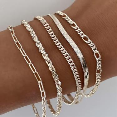 Imagem de Conjunto de 5 pulseiras femininas KC Gold – corrente cubana, elos de laço e pulseiras minimalistas – Joias de pulso empilháveis em tom dourado para uso casual, festa, presente, estilo punk, acessórios