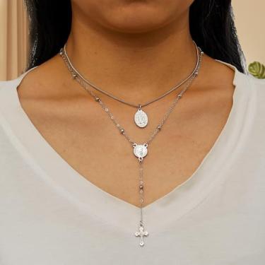 Imagem de Colares femininos minimalistas em camadas, rosário religioso, crucifixo, gargantilha com pingente de cruz, joias modernas, 36+7cm, Ferro Metal, Sem Pedra Preciosa