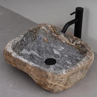 Imagem de MIDUSO Pia de embarcação de pedra irregular 100% feita à mão; pia de pedra real; pia de embarcação exclusiva; acima do balcão; pia de rocha de rio; banheiros rústicos de pias; Irre RiverStone 292