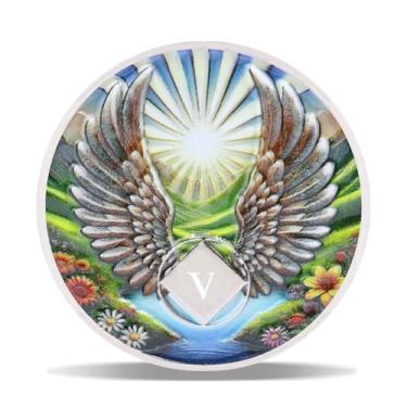 Imagem de Moeda de sobriedade com asas de anjo de 5 anos – Medalhão NA Radiant Sunrise – Token espiritual para recuperação e tempo limpo – Capacitando chips NA AA – Presente para homens e mulheres