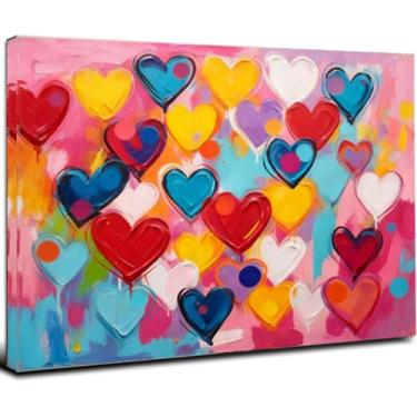 Imagem de 30,5 x 40,6 cm emoldurado corações rosa arte em tela parede moderna abstrato amor pintura colorida decoração de quarto infantil menina adolescente arco-íris quarto pôster de parede presente infantil