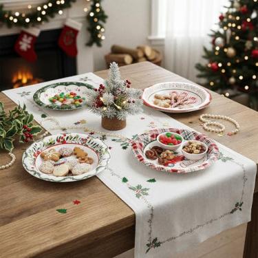 Imagem de 100 peças de pratos e guardanapos de papel de Natal xadrez búfalo decoração de festa de Natal tigelas de papel de mesa conjunto de louça para festas de Natal e inverno
