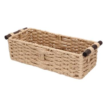 Imagem de Eujgoov Cesta de Armazenamento de Vime, Corda de Tecida à Mão Com Alça de Madeira, 35x15x10cm, Organizador Versátil para Tanque de Vaso Sanitário, Prateleiras para Sala de Estar (Cor Madeira Natural)