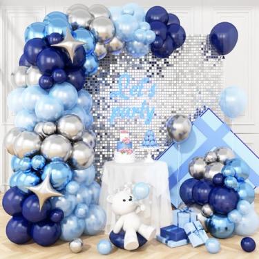 Imagem de Kit de arco de balão azul e prata, guirlanda de balões azul marinho pérola azul claro com balões azuis prateados metálicos, balão de quatro estrelas, para meninos, homens, aniversário, formatura, chá