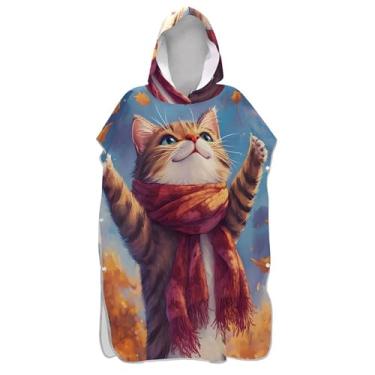 Imagem de TSENQUE Poncho de surfe plus size trocador de roupão adulto com capuz toalha de praia impressão outono bonito gato arte ponchos adultos para mulheres