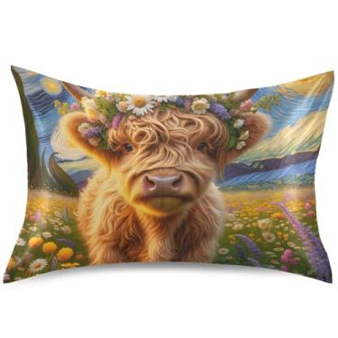 Imagem de Linda capa de almofada de cetim floral noite estrelada vaca Highland linda arte refrescante travesseiro king queen padrão capa de travesseiro de cama, tamanho padrão, 66 cm x 50 cm
