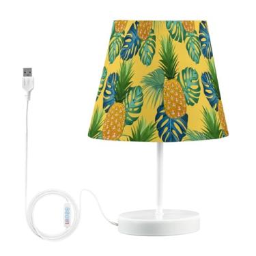 Imagem de Joisal Abajur de mesa de folhas tropicais padrão abacaxi com porta de carregamento USB, lâmpadas exclusivas com abajur luz noturna brilhante