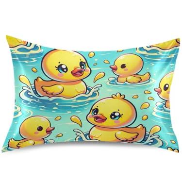 Imagem de Linda capa de almofada de cetim de pato amarelo para natação, capa de travesseiro padrão king queen luxuosa, presentes de vida saudável, tamanho Queen, 76 cm x 50 cm