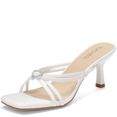 Imagem de SLXCHBSL Sandálias femininas de salto gatinho quadradas, bico aberto, salto baixo, sandálias de salto baixo para vestido casual, festa, casamento, confortável, verão, Branco, 40