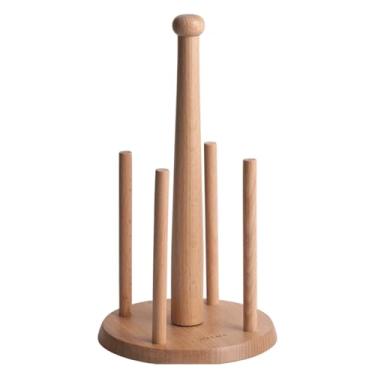 Imagem de LNQKJXIIA Boutiques US Árvore de caneca de café de madeira com 4 ganchos, suporte de copo de bancada necessário para montagem, base estável com almofadas antiderrapantes