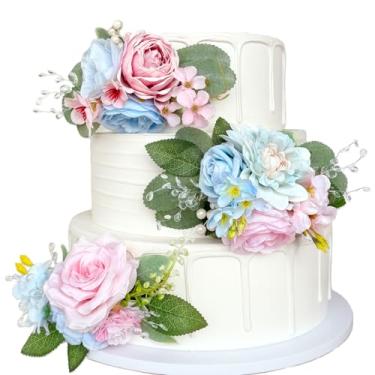 Imagem de Flores artificiais pré-fabricadas para decoração de bolos azul bebê rosa pastel blush rosa bolo de casamento decoração seda falso floral festa aniversário arranjos de mesa chá de bebê
