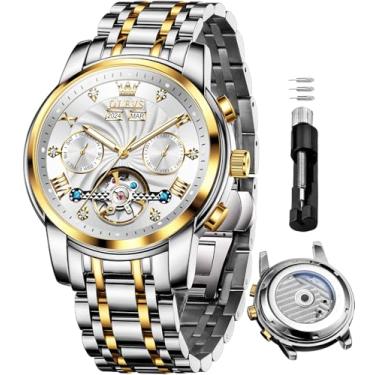 Imagem de OLEVS Relógios automáticos masculinos para negócios, relógio mecânico, aço inoxidável, impermeável, corda automática, clássico, diamante, esqueleto, relógio de pulso masculino, 7088 - dois tons de
