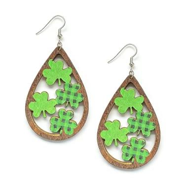 Imagem de Brincos de trevo do Dia de São Patrício, brincos pendentes de madeira com design de folha verde para mulheres joias, Medium, Madeira, Sem pedra preciosa