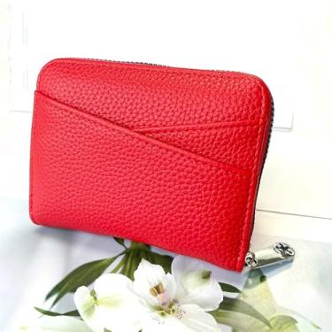Imagem de Carteira feminina pequena de couro sintético, resistente à água, porta-cartões de crédito com bolso para moedas, Vermelho, Tendência