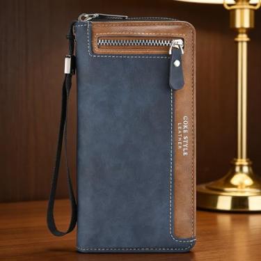 Imagem de Carteira masculina ultrafina de couro sintético com fivela longa, azul executivo, design longo com fivela, padrão de tecido de couro sintético e perfil ultrafino