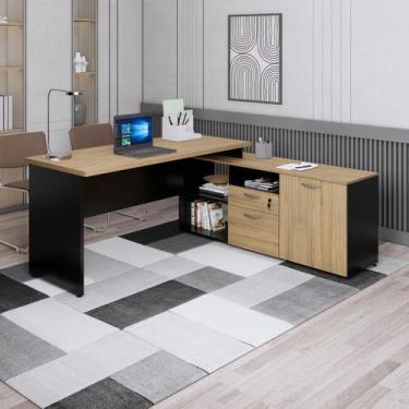 Imagem de Escrivaninha Mesa Escritório em L com Armário Lateral Pé Painel 170x15