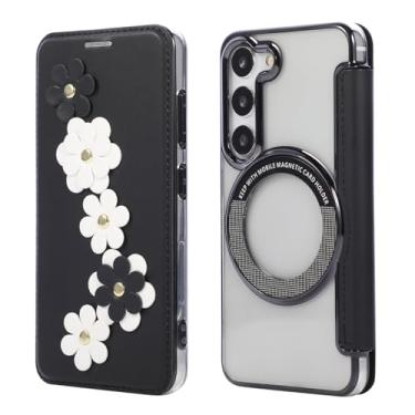 Imagem de Capa carteira para Samsung Galaxy S23 Plus, 3 compartimentos para cartão e anel magnético, bloqueio RFID, compatível com carregamento sem fio, traseira transparente, design floral de couro, proteção