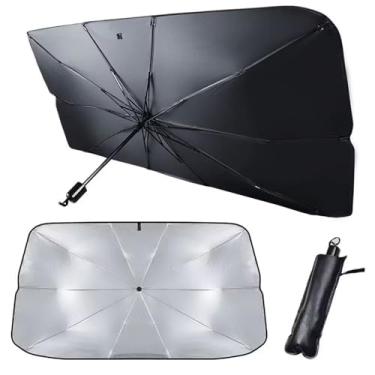 Imagem de Protetor Solar para Parabrisa de Carro em Formato Guarda-Chuva Dobrável, Anti-UV, 130x70cm, Prata com Preto, Portátil com Estojo