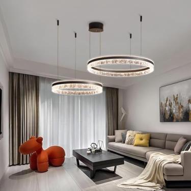 Imagem de Lustre moderno de alumínio com LED dimerizável e controle remoto, aro marrom, elegante, luminária pendente grande para sala de estar, luminária de teto ajustável redonda de acrílico para res