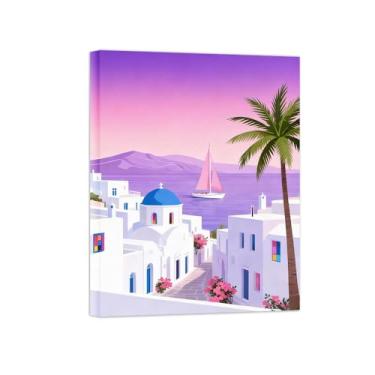 Imagem de Pôster paisagem - Prédios Mar Grécia - Impressões em Tela - Imagem Moderna Natureza para Sala de Estar Decoração 70x90cm Tela Embrulhada