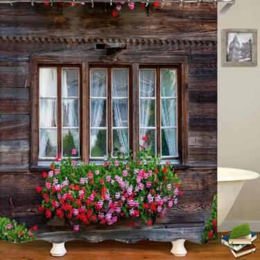 Imagem de Cortinas de banheiro 3D flores de jardim impressão paisagem rural cortinas de chuveiro cenário idílico tecido impermeável decoração 51x55in-130x140 cm/LxA