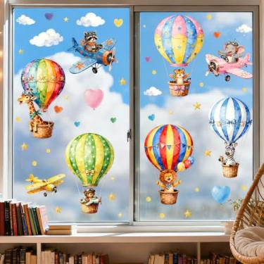 Imagem de ANATTASOUL Adesivos de janela estática balões de ar quente animais 1 folha reutilizável decalque de janela para vidro, 120 cm x 30 cm adesivo de janela dupla face removível para quarto, escritório