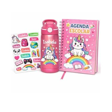 Imagem de Kit Escolar Personalizado Infantil com Garrafa 500ml, Agenda 2026 A5, 170 Etiquetas Vinil e Termocolante, Toalhinha.