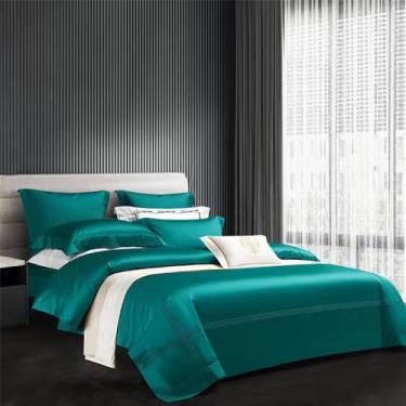 Imagem de Jogo de cama de algodão estilo hotel, cor sólida, macio e sedoso, com capa de edredom, lençol de baixo, fronhas, verde malaquita, tamanho Queen (200x230cm), 4 peças.