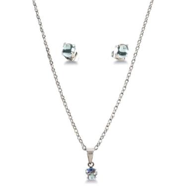 Imagem de Conjunto Feminino Colar e Brinco Aço Inox com Ponto de Luz Pedra da Lua Cores Rosa, Azul, Verde e Vermelho Antialérgico (Azul)