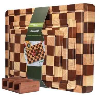 Imagem de Tábua de corte quadriculada com 3 peças, tábua de cortar madeira maciça, tábua de corte de madeira de acácia para cozinha com suporte com sulcos profundos de suco e alças embutidas, para carne