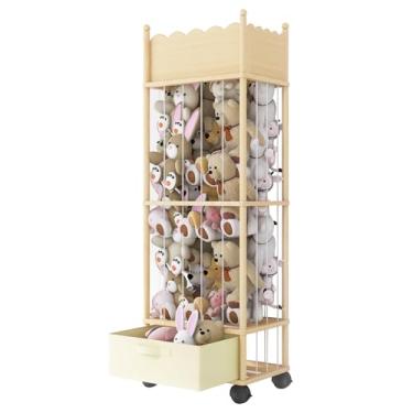 Imagem de Sunifier Organizador de armazenamento de animais de pelúcia de madeira com rodas e gaveta – Suporte de zoológico de pelúcia de 3 camadas para quarto de crianças, berçário e sala de jogos – madeira