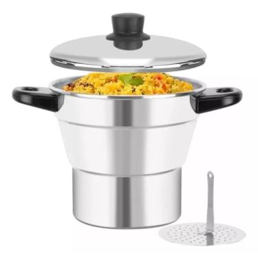 Imagem de Panela de Cuscuz Antiaderente N16 Com Tampa de Vidro Cuscuzeiro - Para Cuscuz, Arroz, Legumes e Carnes no Vapor - Cozinha Saudável(Alumínio Com Tampa Alumínio 16)