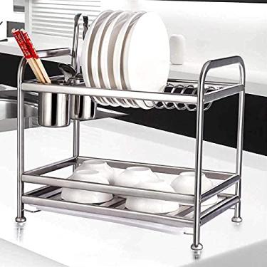 Imagem de Escorredor de louça, escorredor de pratos, talheres, escorredor de pratos, cozinha, 2 camadas de aço inoxidável, tábua de drenagem extra, talheres