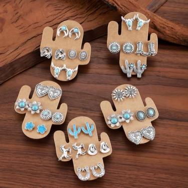 Imagem de Brincos femininos boêmios de caubói ocidentais bonitos chapéu de cowboy turquesa brincos de festa de concerto country joias, Medium, Liga de aço, Zircônia cúbica