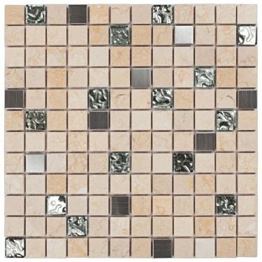 Imagem de Kit 1m² Pastilha de Vidro e Metal 30cm X 30cm Creme/Cinza