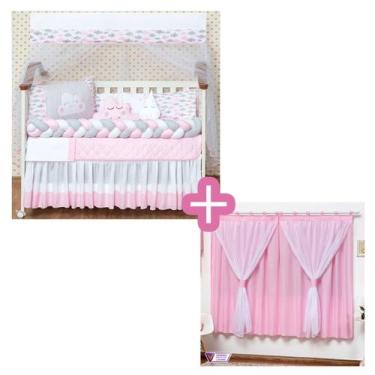 Imagem de Kit berço Trança Chuva de Amor Nuvem Rosa e Gota Menina 11 peças + Cor