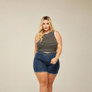 Imagem de Short Bermuda Jeans Feminino Plus Size Cintura Alta Confortável Lycra 