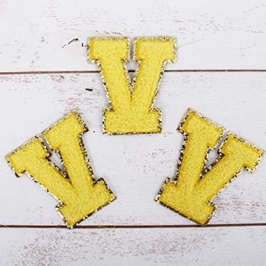 Imagem de Pacote com 3 adesivos em "V" de Chenille Iron On Glitter com 8 cm de altura - Tecido de chenille amarelo com acabamento em glitter dourado - Costurar ou passar a ferro - 8 cm YEL V