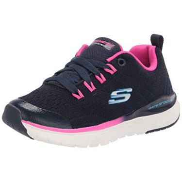 Imagem de Skechers Tênis unissex esportivo infantil, espuma viscoelástica resfriada a ar, feminino com cadarço, Azul-marinho/rosa choque, 11 Little Kid