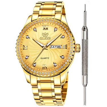 Imagem de OLEVS Relógios masculinos de luxo com diamantes à prova d'água, para negócios, casual, calendário, semanas, analógico, quartzo, para o Natal, Dourado, Relógio de quartzo