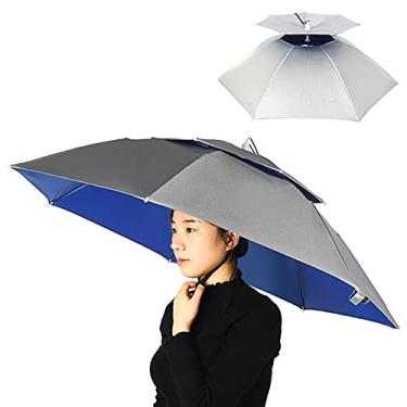 Imagem de LIANGYAN Chapéu guarda-chuva de camada dupla, mulheres, homens, touca de chuva dobrável e faixa ajustável para a cabeça, pesca, acampamento, caminhadas