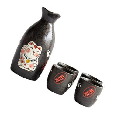 Imagem de Hemoton Conjunto de xícaras de saquê japonês de 200 ml Maneki Neko Style Saquê de cerâmica e 4 xícaras para restaurante em casa