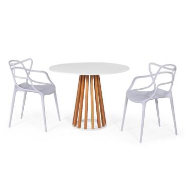 Imagem de Conjunto Mesa de Jantar Redonda Branca 100cm Talia Amadeirada com 2 Cadeiras Allegra - Cinza