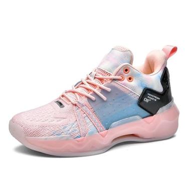 Imagem de Bolognifi Tênis de basquete masculino de cano alto para treinamento ao ar livre, tênis de corrida antiderrapante e absorvente de choque, botas de basquete presente (Color : Pink, Size : 35 BR)