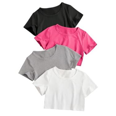 Imagem de SOLY HUX Camisetas femininas de manga curta com gola redonda de 4 peças de verão, Preto Rosa Choque Cinza Branco, 14 Anos