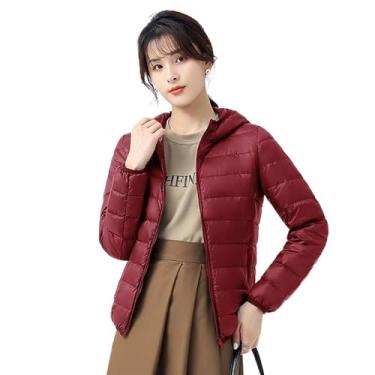 Imagem de SUABON Jaqueta feminina fina de outono e inverno moderna leve cor sólida casual jaqueta quente com capuz, Vinho tinto, M