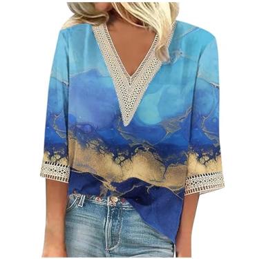 Imagem de Camiseta feminina de manga 3/4, moda de verão, gola V 2024, estampa floral, blusa elegante, túnica casual, #05 Azul, XXG